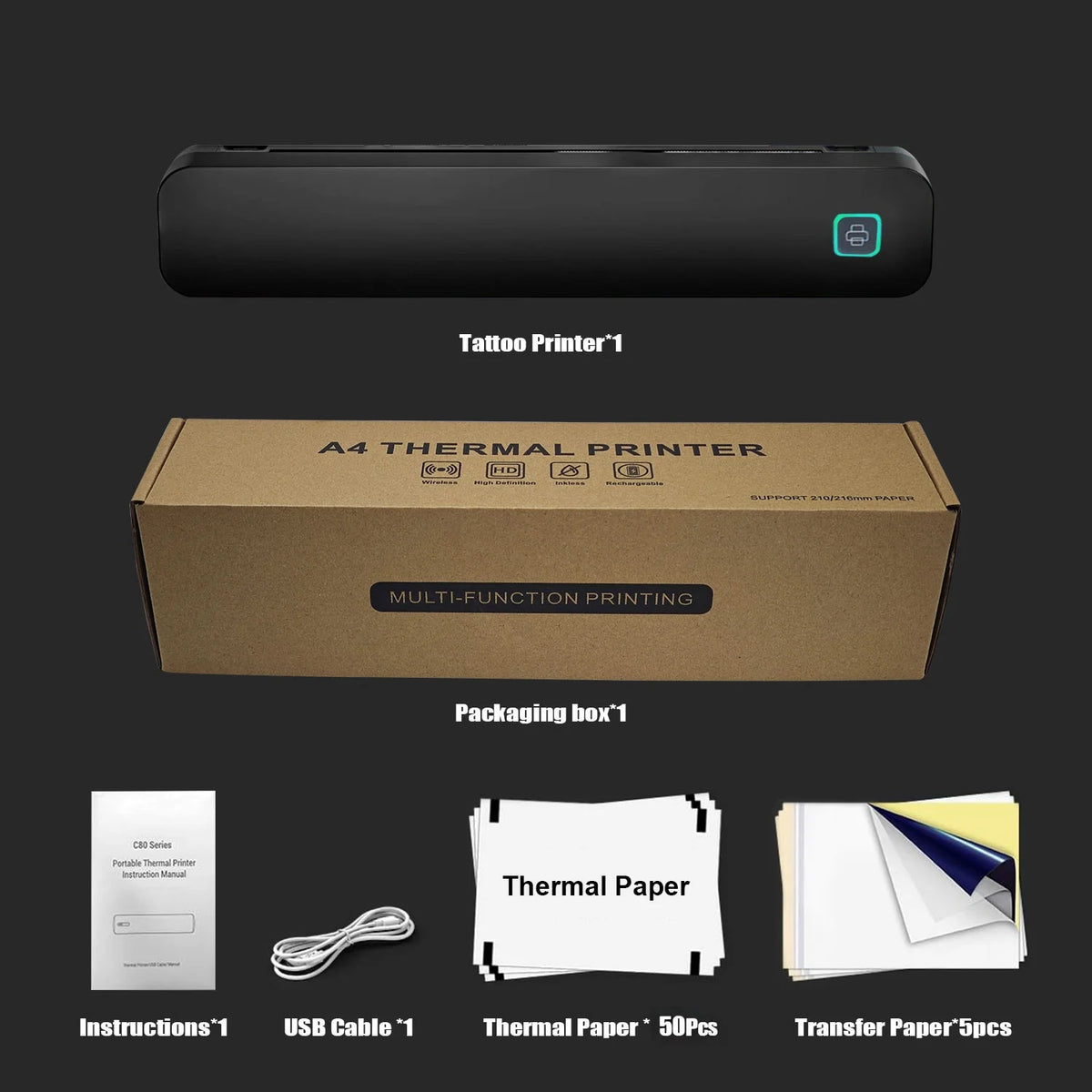 Wireless Portable 8-Inch Thermal Tattoo Printer Includes Transfer Sheets - for Smartphones, PCs, Home, Travel, Office & Creative
