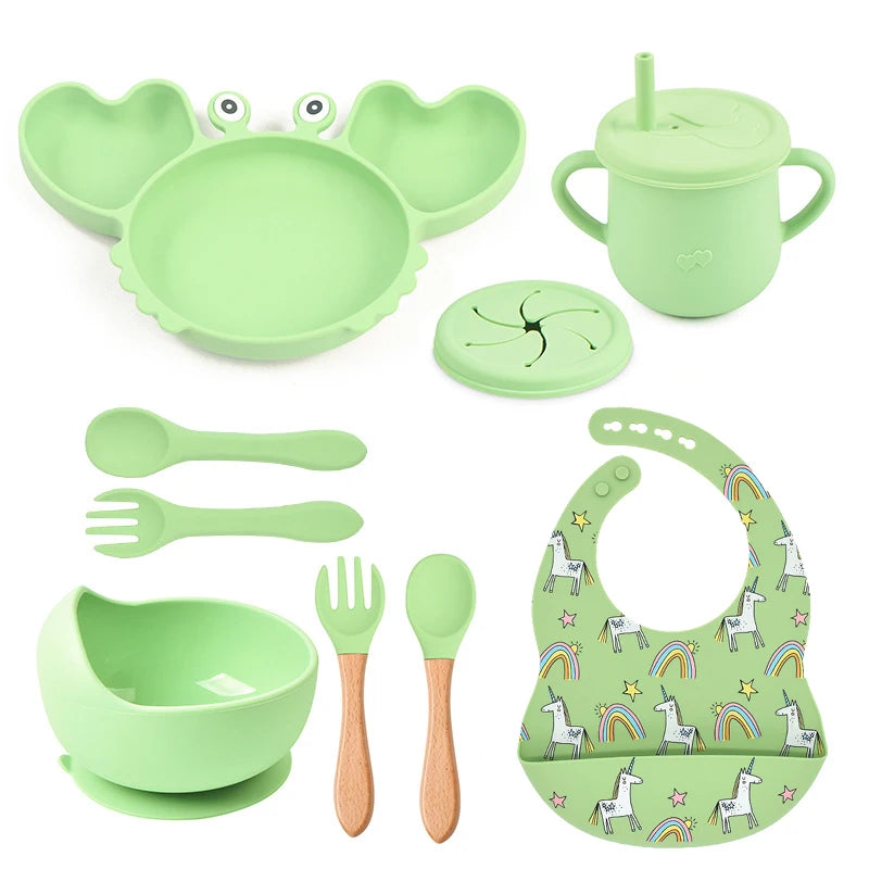 9Pcs Baby Silicone Non-Slip Suction Bowl Plate Spoon Waterproof Bib Cup Set, Baby Crab Dishes, Food Feeding Bowl for Kids, BPA Free
