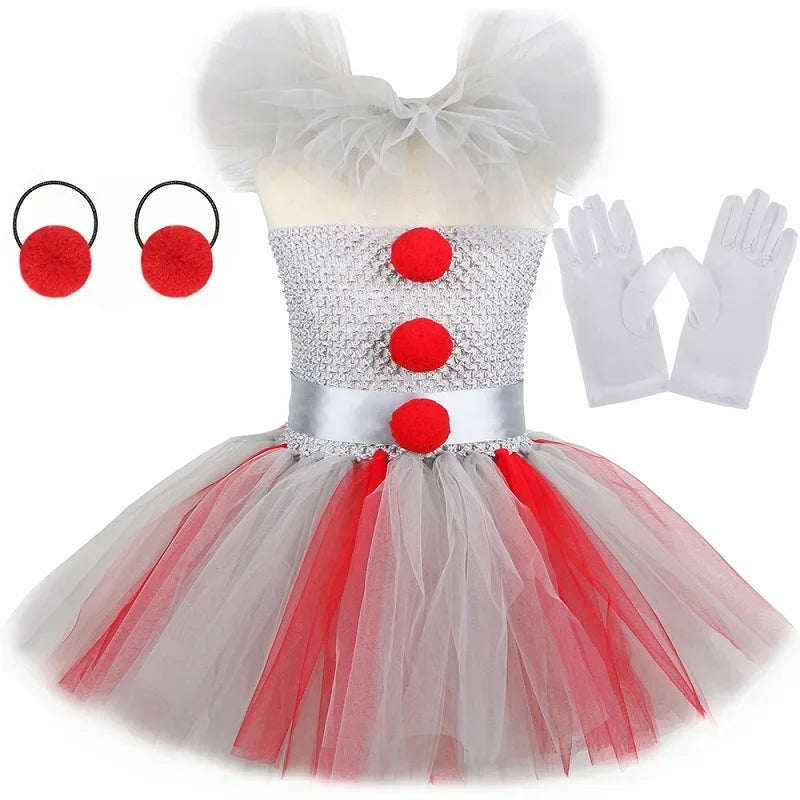 Halloween Pennywise Costume for Kids Creepy Clown Gray Joker Tutu Dress Outfit Girls Fancy Carnival Party Tulle Dress Up Clothes