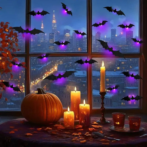 Halloween Decorations  3D LED Lighted Bats with Purple Green Lights, Waterproof Window Stickers for Indoor Outdoor Scary Decor