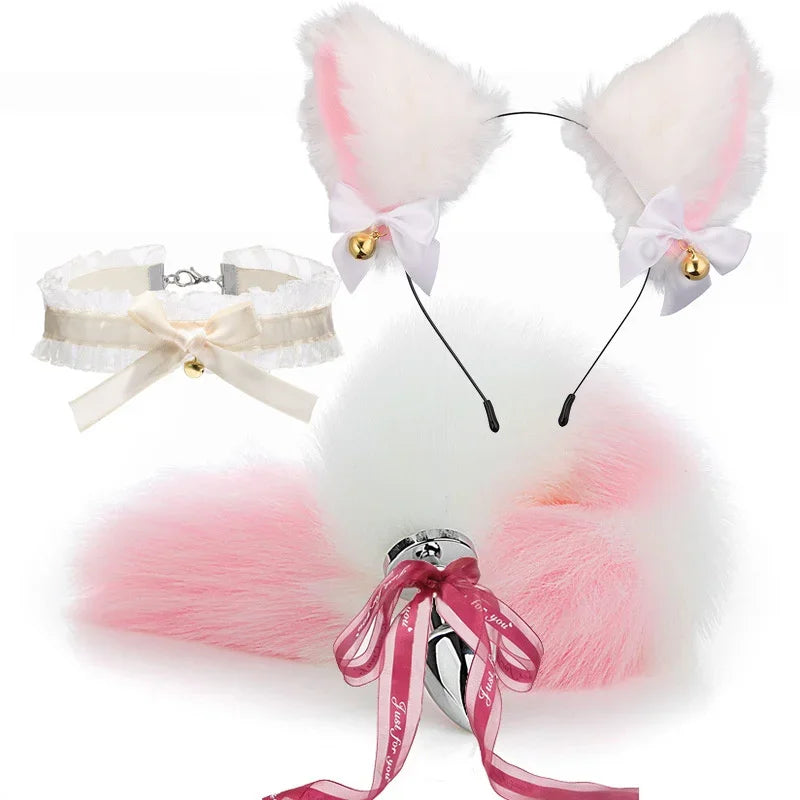 NEW 3pcs Halloween Party Cos Plush Animal Ear Animal Tail Suit Fox Ear Wolf Ear Headband Tail Accessories Cat Head Bell Collar