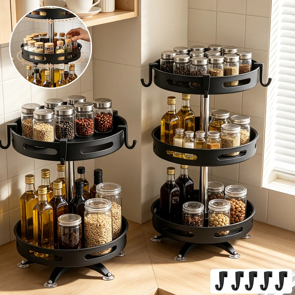 360° Rotating Spice Rack Organizer Carbon Steel Round Spice Shelf Rotatable Kitchen Organizer Turntable for Spice Bottles Jars