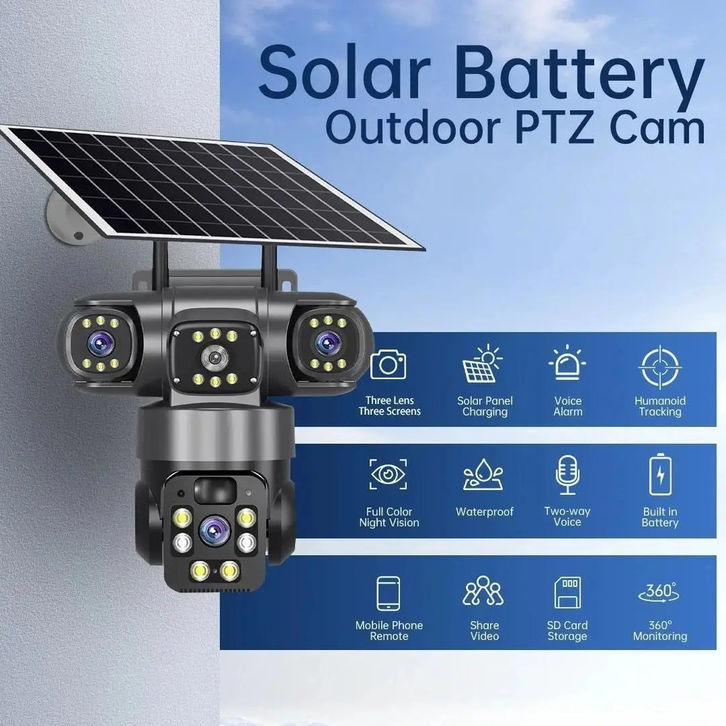 15MP 8K Three Lens PTZ IP Camera Outdoor HD Three Screen WIFI Camera Solar Camera PIR Auto Tracking Built-in Battery Camera