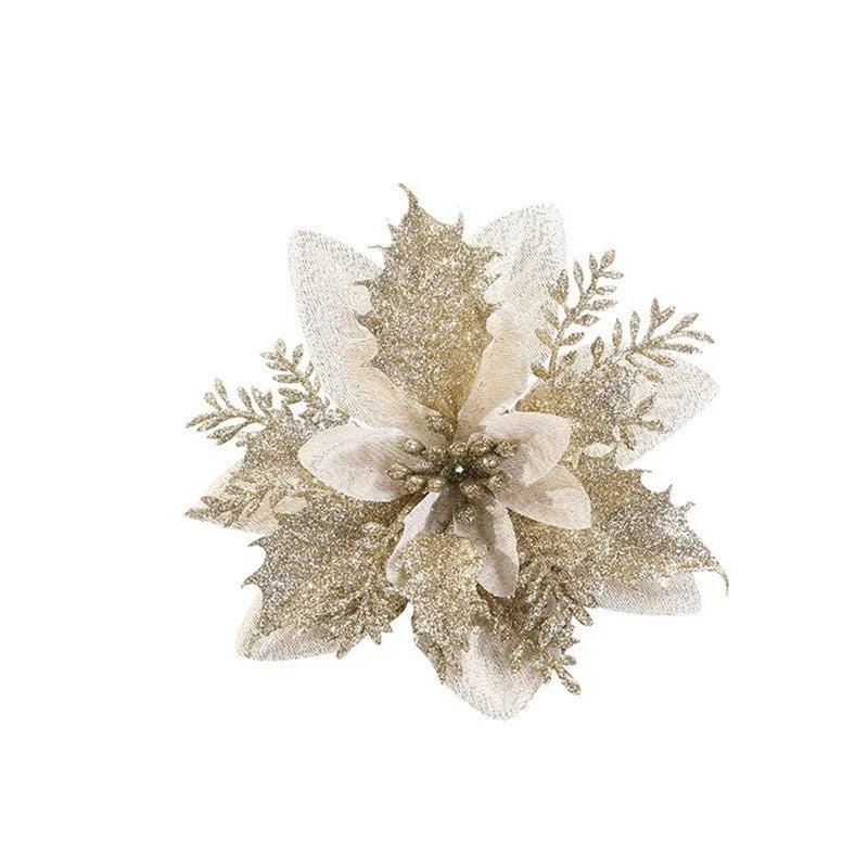 Glitter Pink Christmas Flowers Xmas Tree 14cm Artifical Flower Ornaments  Merry Christmas Decoration For Home New Year