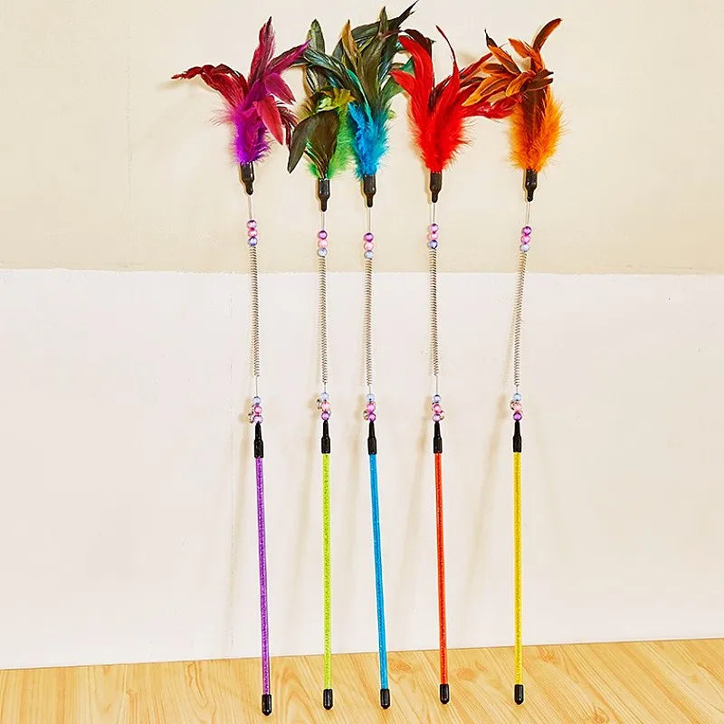 Cat Toy Feather Wand Teaser Interactive Spring Handle Kitten Toy with Bell Training Stick Pet Supplies