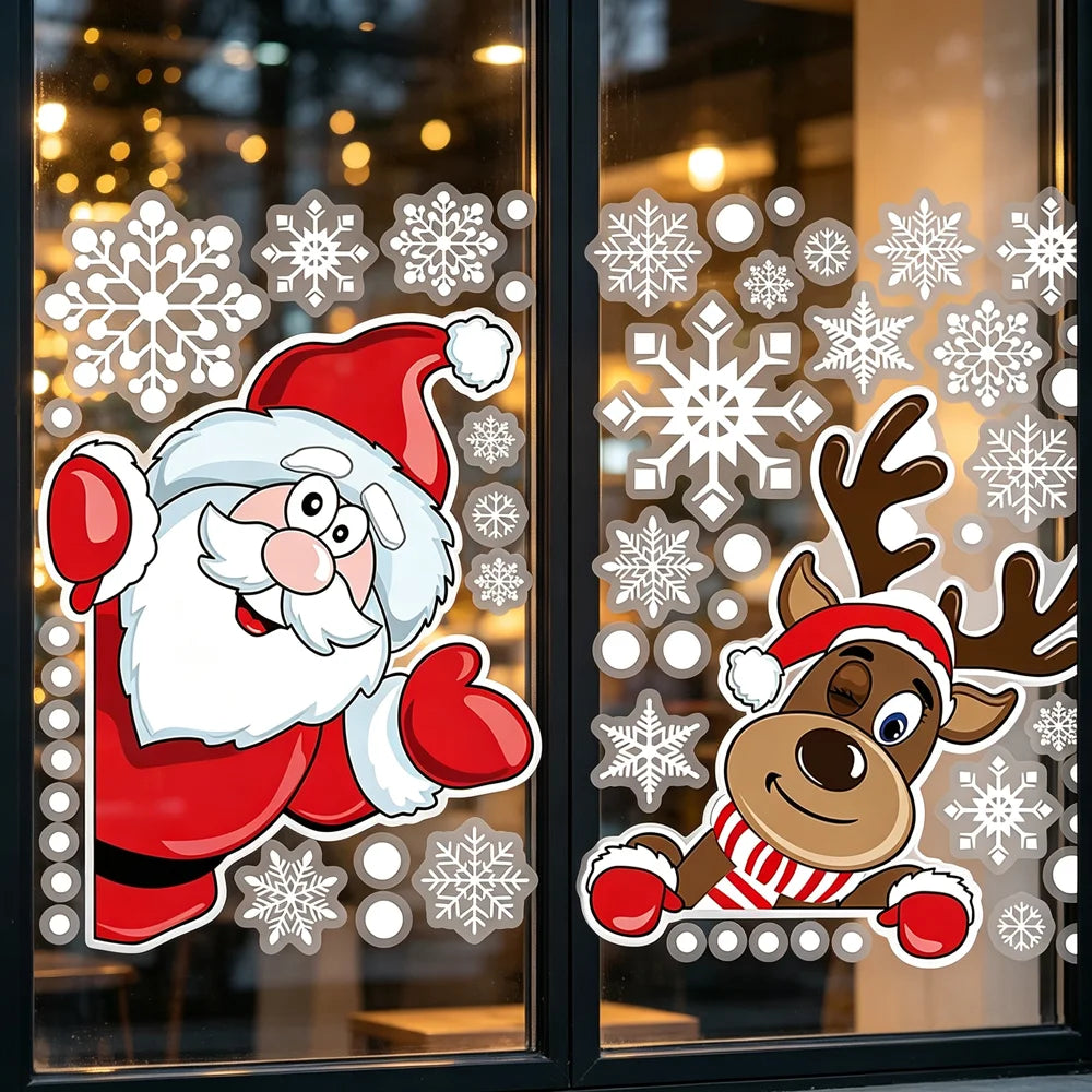 Christmas Window Stickers Santa Claus Reindeer Snowflake Static Window Clings Merry Christmas Glass Decals New Year Party Decors
