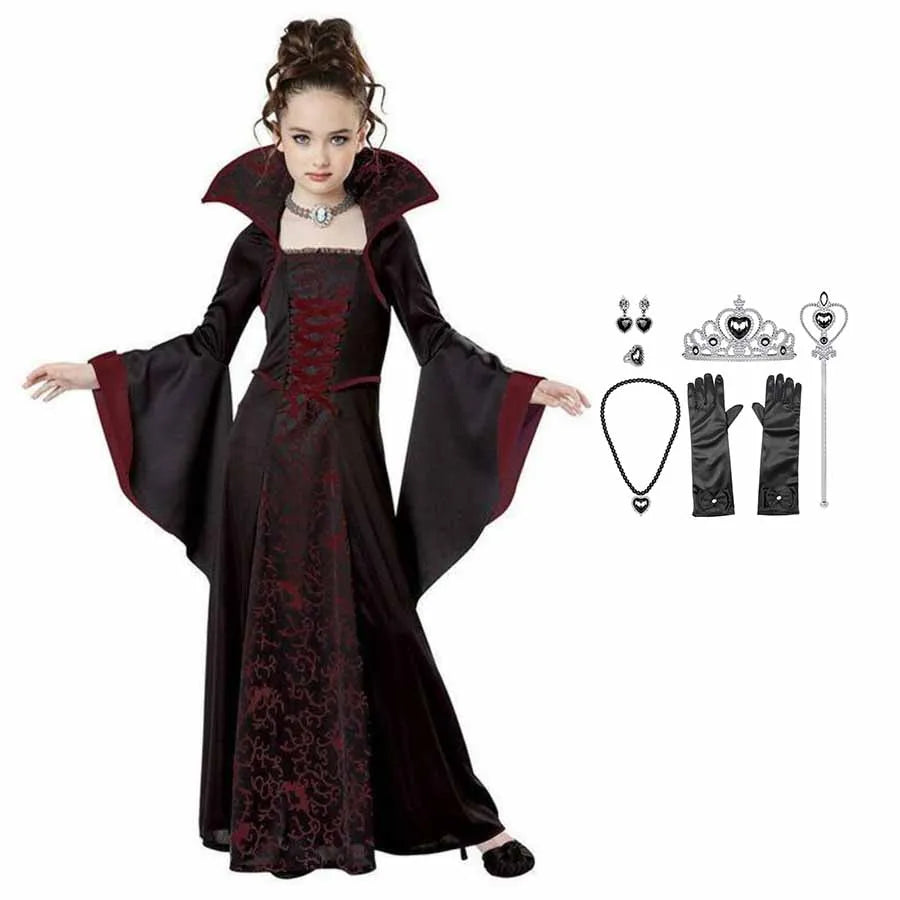 Halloween Costume for Kids Halloween Fantasy Vampire Costume Girls Long Tutu Dress Kids Carnival Outfit Gothic Feather Clothes