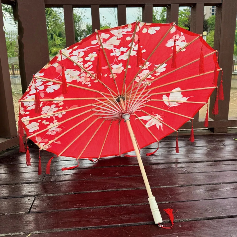 70cm Silk Fabric Tassel Umbrella Handheld Chinese Style Ancient Dance Umbrella Rainproof Decorative Classical Oil Paper Umbrella