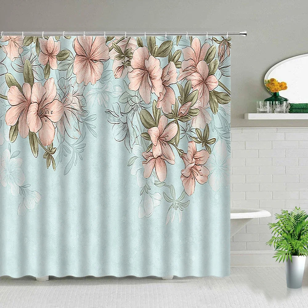 Rose Butterfly White Flower Shower Curtain Floral Print Waterproof Polyester Bathroom Curtain Fabric For Bathtub Decoration