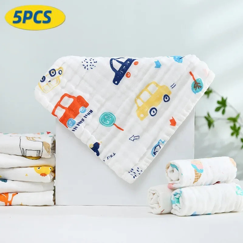 5-Piece 25*25cm Six-Layer Cotton Gauze Baby Face Wash Towel, High-Density Cartoon Handkerchief for Newborns and Kids