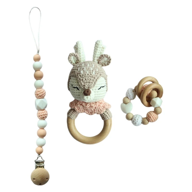 Crochet Koala Pacifier Clip, Handbell Rattle, Teether Doll, Pacifier Chain Clip Set, Cartoon Teething Toy