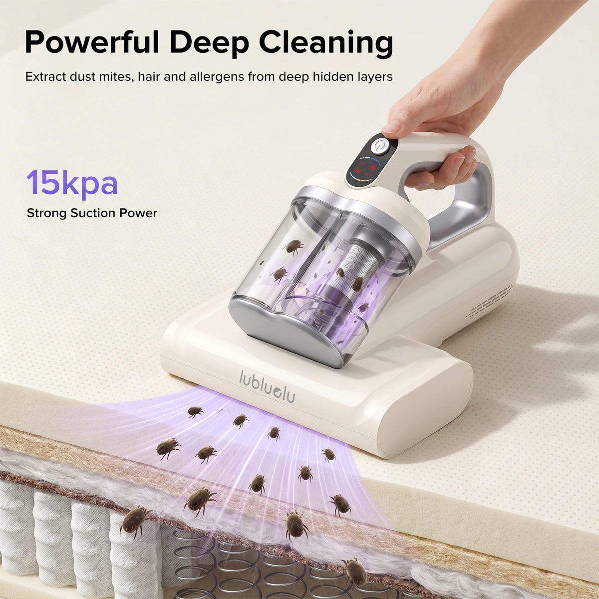 Lubluelu CM210 Wireless Vacuum Mite Removal Machine Handheld Bed Mattress Vacuum Cleaner with 15Kpa Suction UV-C Light Deep Robot Mites Cleaning