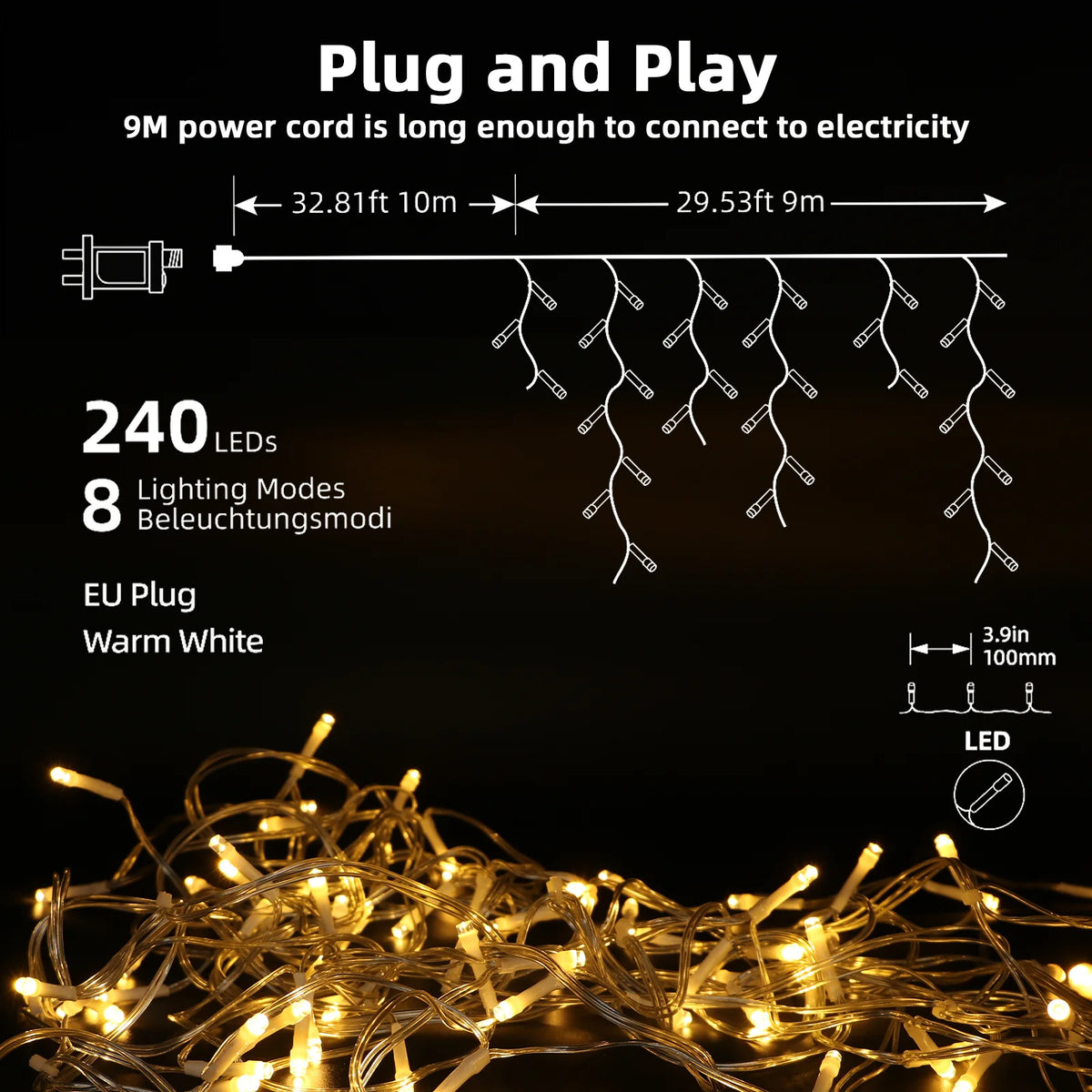 17M/10M/7.5M String Lights LED Fairy Garland Christmas Lights Waterproof Snowproof 8 Modes DIY Lamp Decoration for Home Garden Wedding Birthday Party New Year Street with 10 Cable Ties (15cm Each)