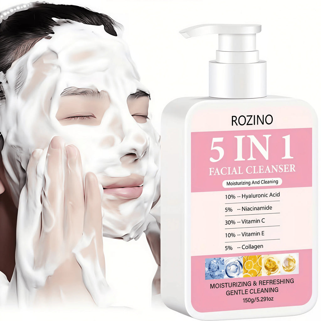 150g Large Capacity 5 in 1 Facial Cleanser, Which Combines Hyaluronic Acid, Niacinamide, Vitamin C, Vitamin E, and Collagen. Its Rich Foam Can Deeply Cleanse Oil and Dirt, Gently Cleanse, Moisturize, Brighten the Skin, Make I