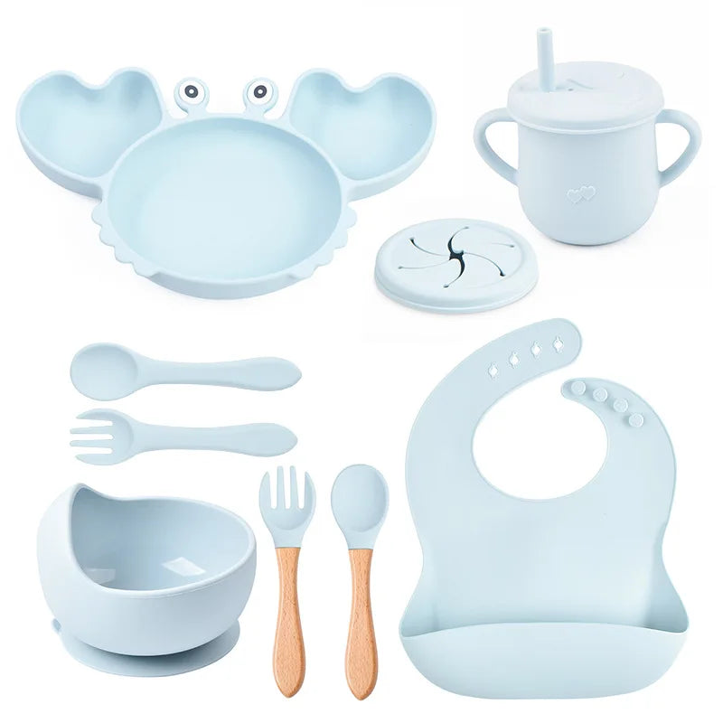 9Pcs Baby Silicone Non-Slip Suction Bowl Plate Spoon Waterproof Bib Cup Set, Baby Crab Dishes, Food Feeding Bowl for Kids, BPA Free