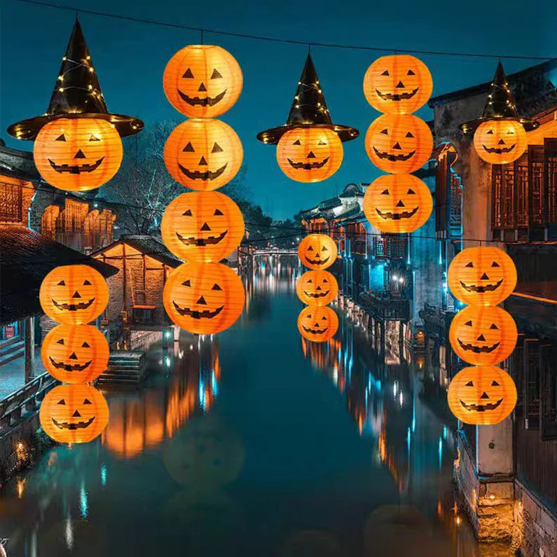 1-10pcs 8 Inch Halloween Pumpkin Paper Lanterns Hanging Folding Haunted House Horror LED 3D Props Holiday Party Ghost Lamp Decor