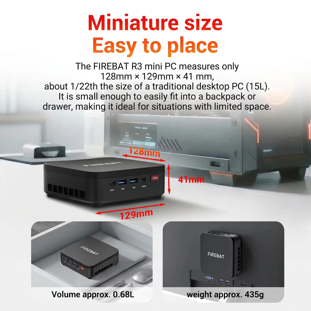 FIREBAT Mini PC R3 AMD Ryzen 3 4300U LPDDR4 8GB 16GB RAM 256GB 512GB SSD Windows11 Pro Wifi6 BT5.2 Support 4K 60Hz Desktop Computer