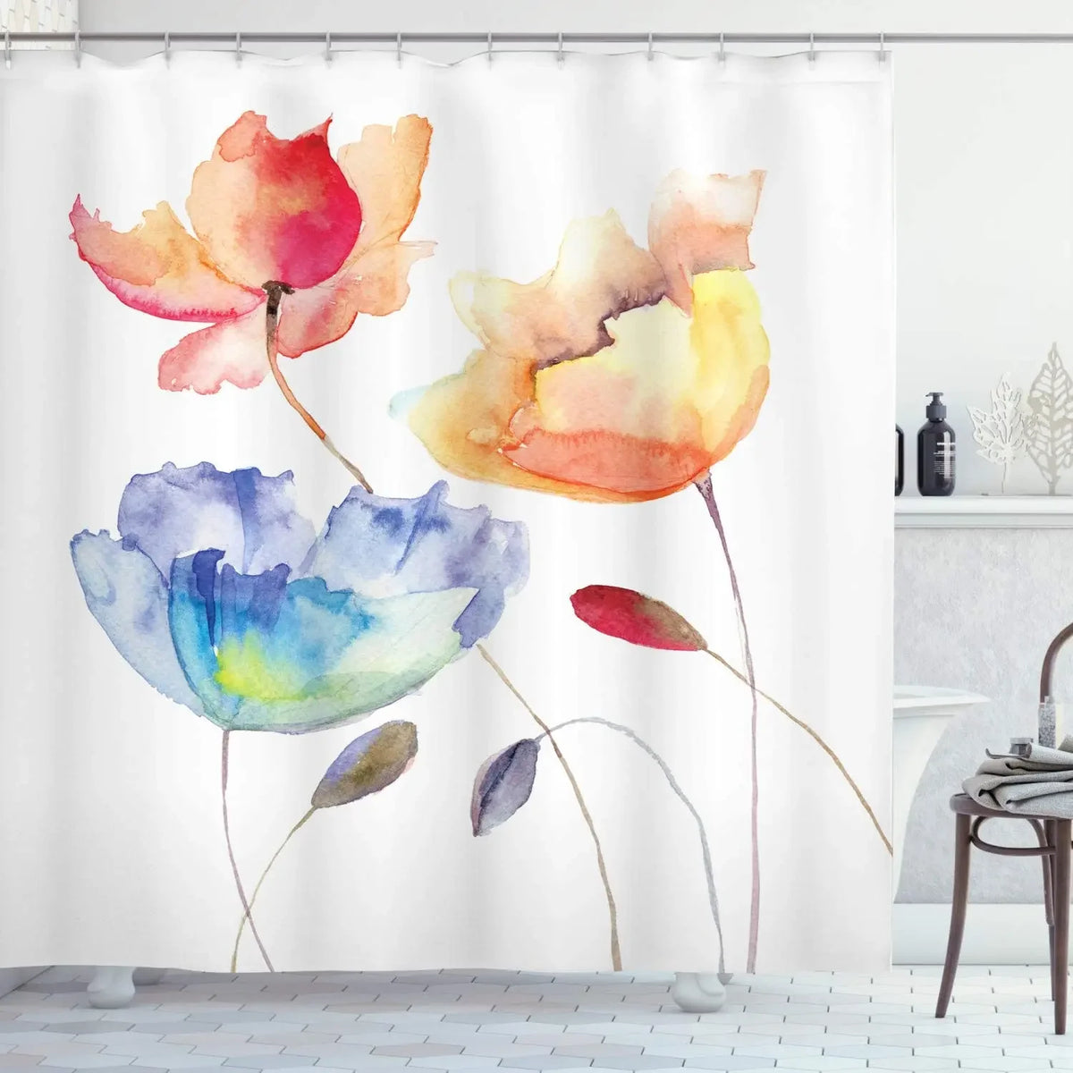 Rose Butterfly White Flower Shower Curtain Floral Print Waterproof Polyester Bathroom Curtain Fabric For Bathtub Decoration