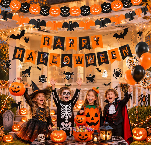 Halloween Decorations, Party Supplies Set Includes Happy Halloween Banner Skeleton-Themed Bunting Garland Wall Stickers Party