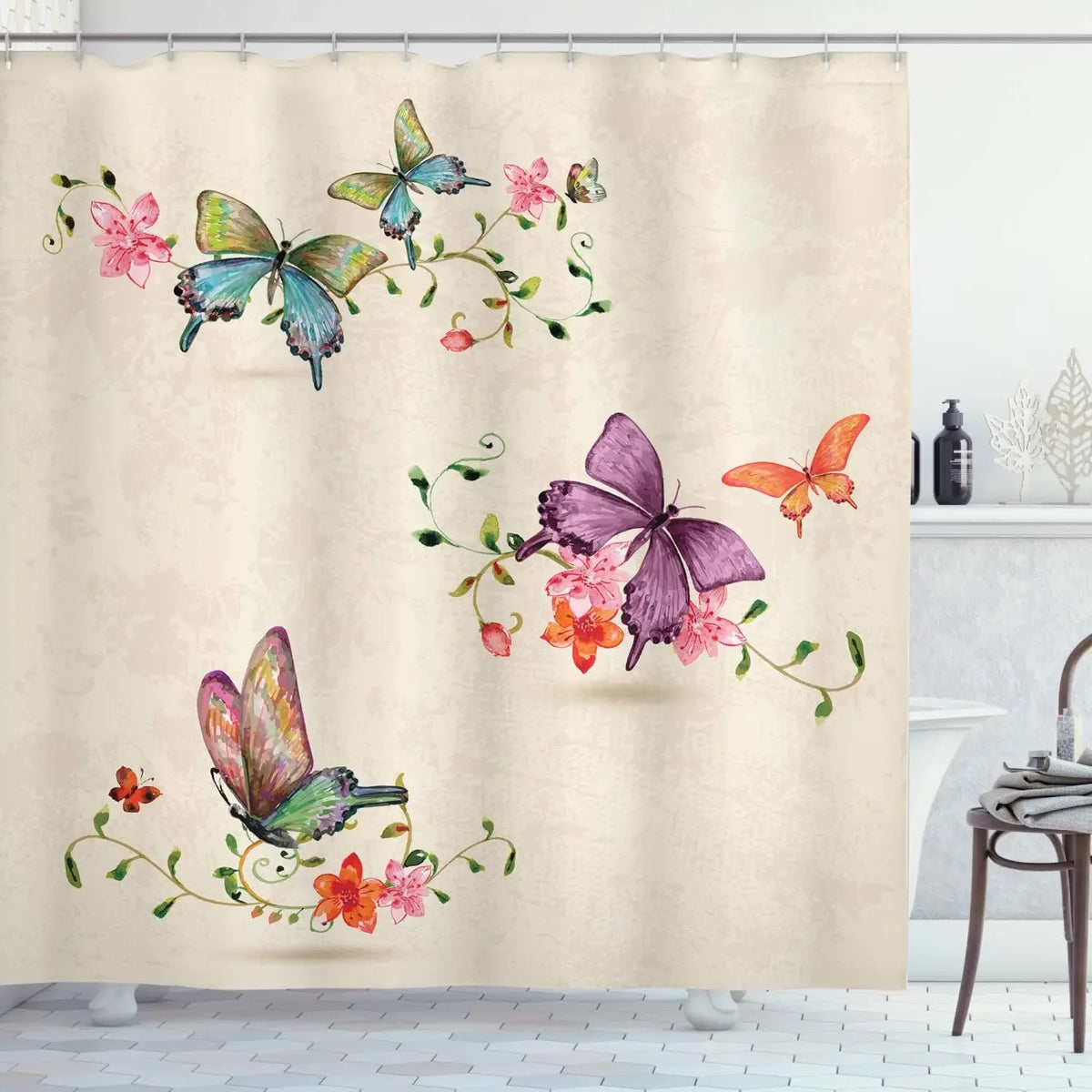 Rose Butterfly White Flower Shower Curtain Floral Print Waterproof Polyester Bathroom Curtain Fabric For Bathtub Decoration
