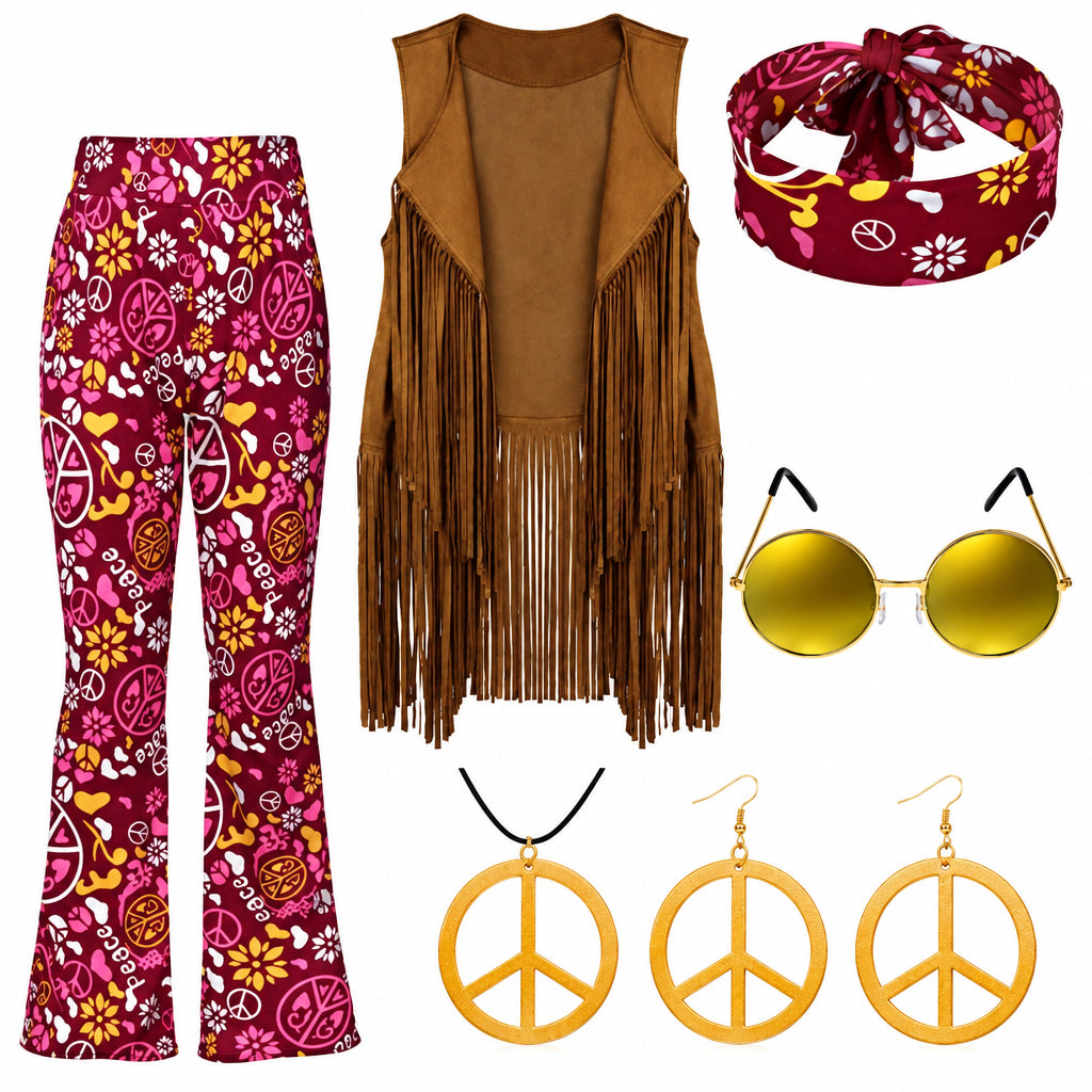 Halloween Hippie Costume Women's Set for Carnival 70s Clothing Accessories Six-Piece Set Tassel Vest+Pants+Headband Set