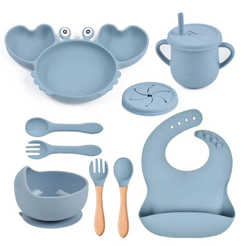 9Pcs Baby Silicone Non-Slip Suction Bowl Plate Spoon Waterproof Bib Cup Set, Baby Crab Dishes, Food Feeding Bowl for Kids, BPA Free