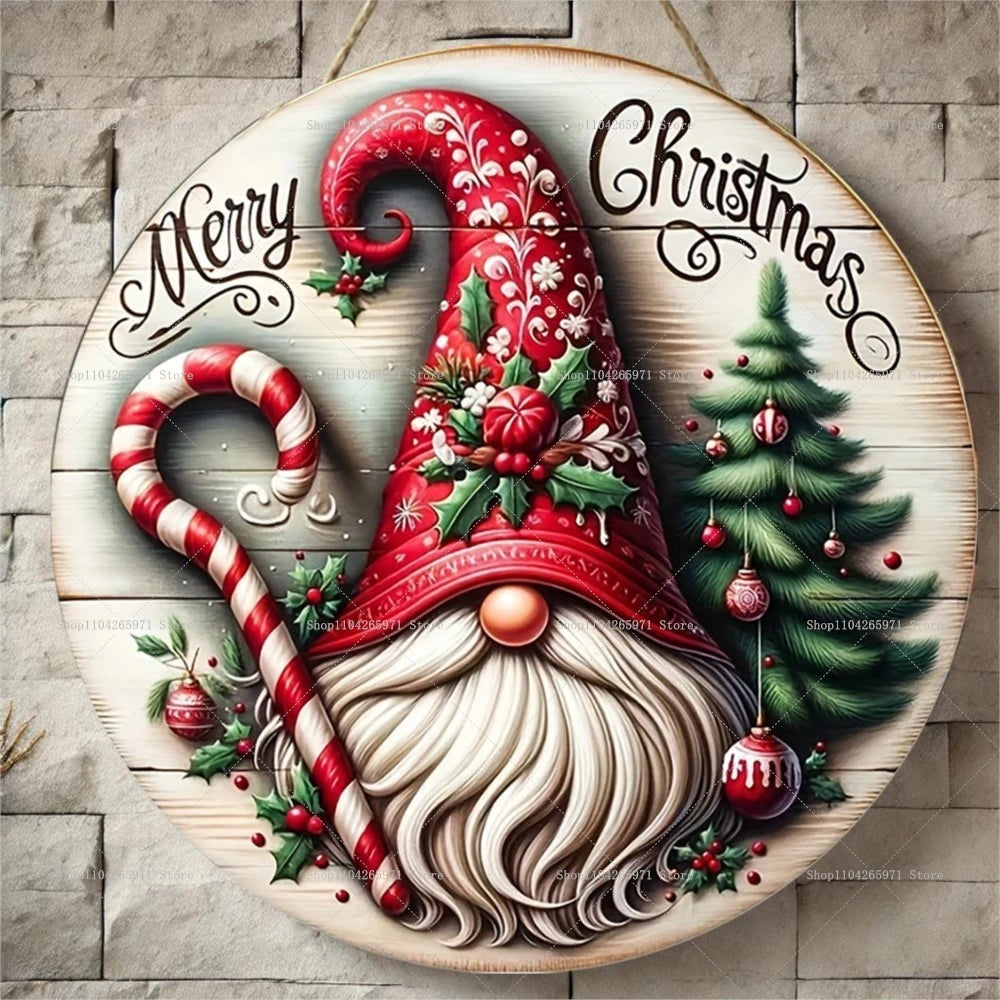 1pcs Merry Christmas Dwarf Wooden Ornaments Sign Dwarf Christmas Candy Cane Pattern Wooden Hanging Home Plaque Scene DecorSupply