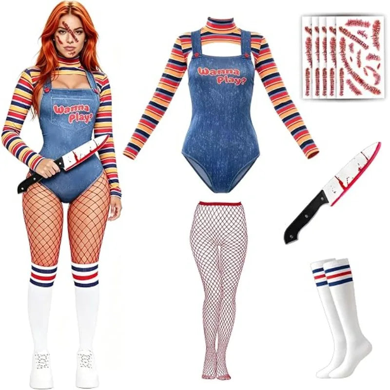 Halloween Costumes for Women Adult Cosplay Striped Long Sleeve Bodysuit Horror Doll Scary Cosplay Carnival Role Play Outfit