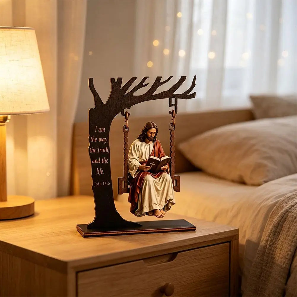 Christian Jesus Swing Tabletop Decoration Wooden Tree Frame With Bible Verse Religious Figurine Faith Home Desktop Ornament