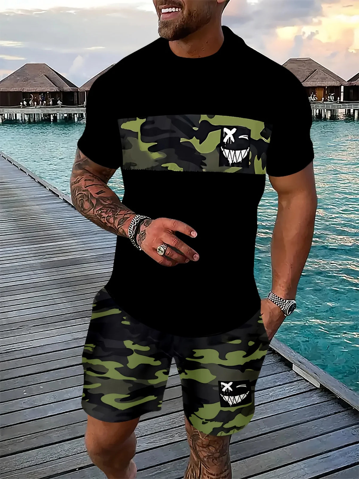 Summer New Arrival Men's Casual Two-Piece Set Striped Print Short-Sleeve Shirt and Athletic Shorts Set Men's Fitness Set