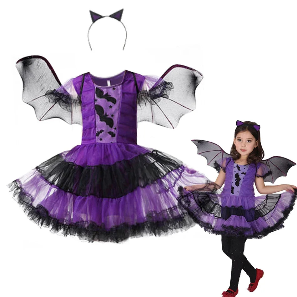 Halloween Witch Costume Girls Vampire Kids Clothes Animal Cosplay Dress With Wing Headwear Witch Role Play Clothes