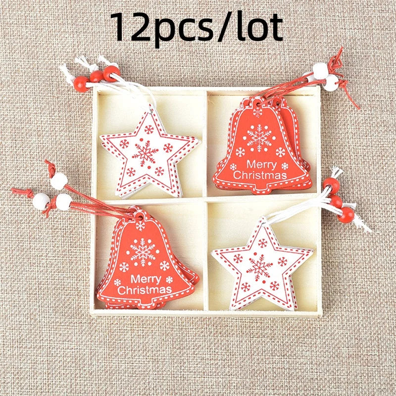 12Pcs/lot Merry Christmas Tree Decoration Wooden Hanging Pendant elk bells snowflake Xmas Ornaments New Year Home Decor Gifts
