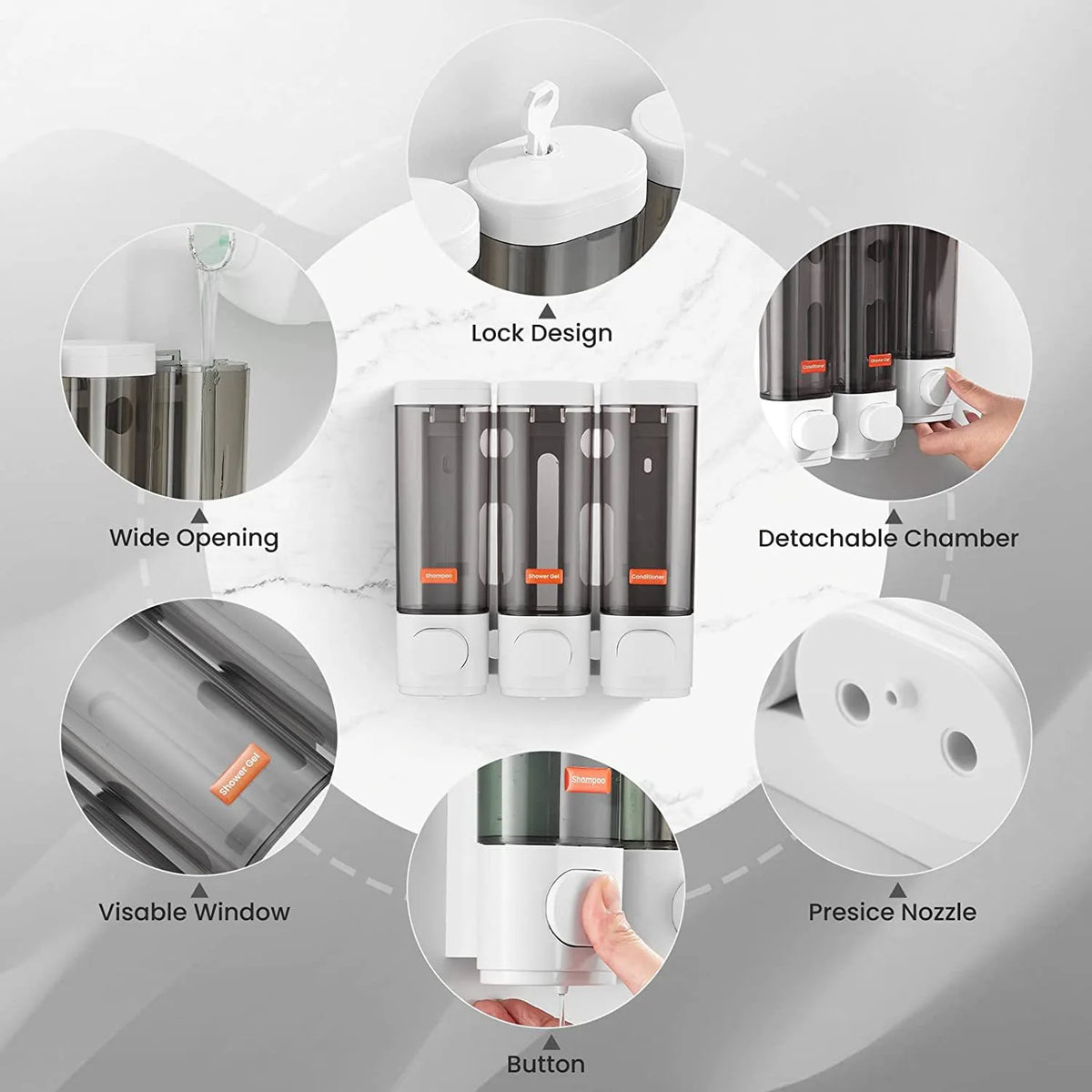 Liquid Soap Dispenser Three-Head  Shower and Lotion Dispenser Waterproof Shampoo Gel Container Wall Mount with Clear Window