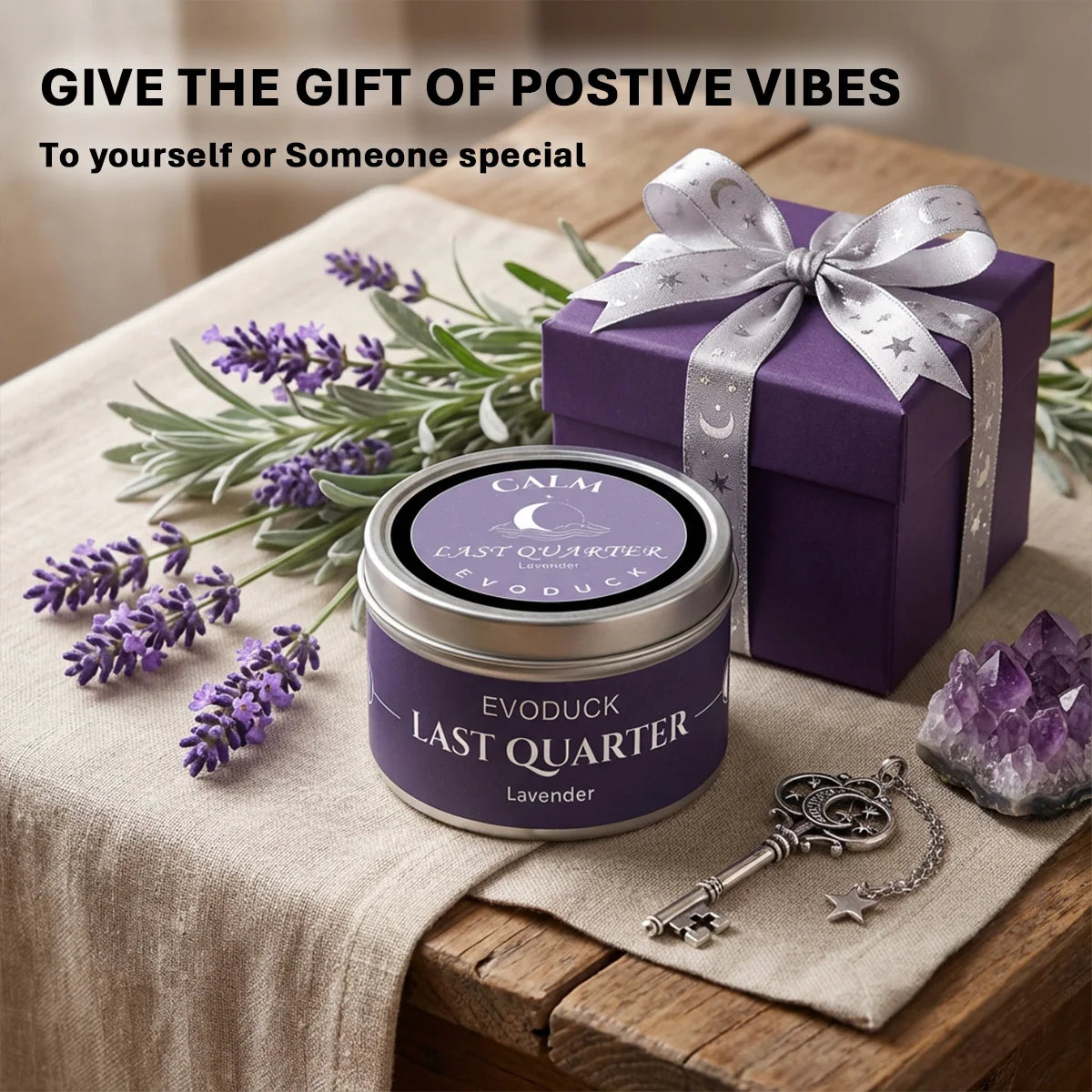 Waning Moon Scented Candle Soy Wax Lavender Scented Candles Silver Tin with Purple Crystal Chips Bestfriend Gifts Gift for Woman