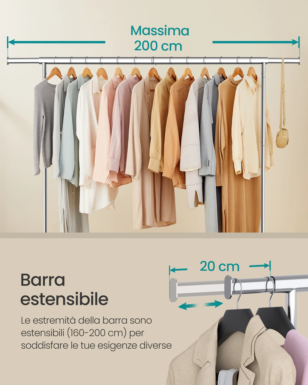 SONGMICS Clothes Rack with Wheels, Heavy-Duty Clothes Rack, Load Capacity 110 kg, 45 x (160-200) x 162.9 cm, Silver