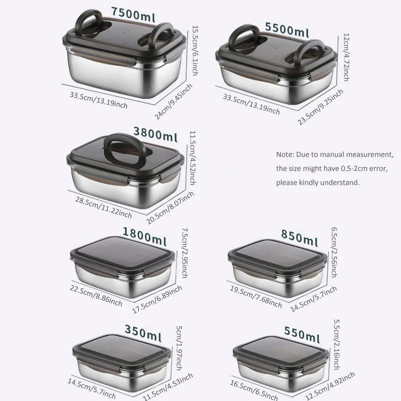 1x Lunch Box Bento Box 304 Stainless Steel Family Refrigerator Food Storage Containers Portable Outdoor Lunch Boxes 7 Sizes
