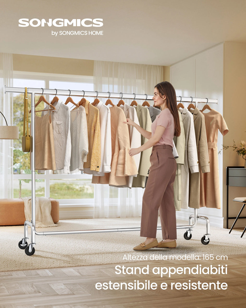 SONGMICS Clothes Rack with Wheels, Heavy-Duty Clothes Rack, Load Capacity 110 kg, 45 x (160-200) x 162.9 cm, Silver