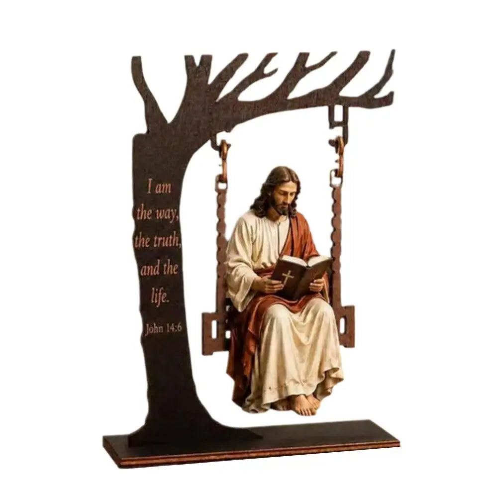 Christian Jesus Swing Tabletop Decoration Wooden Tree Frame With Bible Verse Religious Figurine Faith Home Desktop Ornament