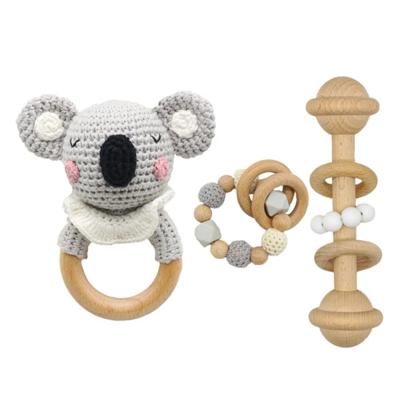 Crochet Koala Pacifier Clip, Handbell Rattle, Teether Doll, Pacifier Chain Clip Set, Cartoon Teething Toy