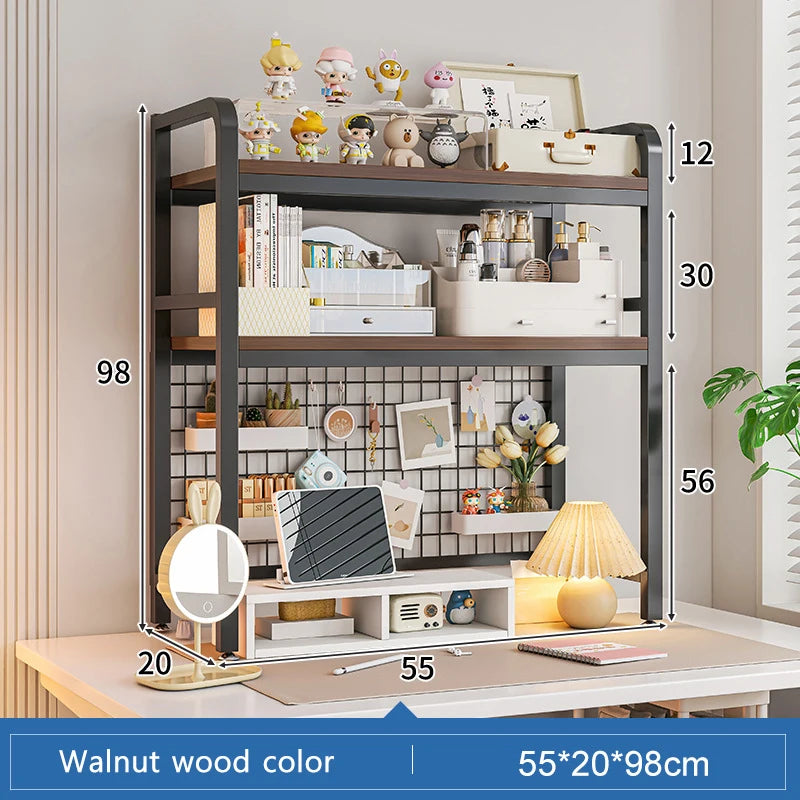 Bookshelf Bookcase With Grid Desktop Multi-layer Wrought Iron Shelf Student Computer Desk Table Hole Board Table Wooden Shelves
