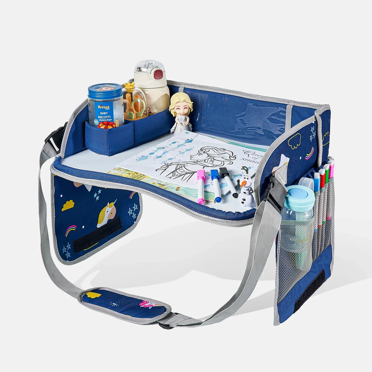 Tavolo da viaggio portatile per seggiolino auto per bambini, vassoio impermeabile per giochi, snack e disegno, organizer con spazio di archiviazione