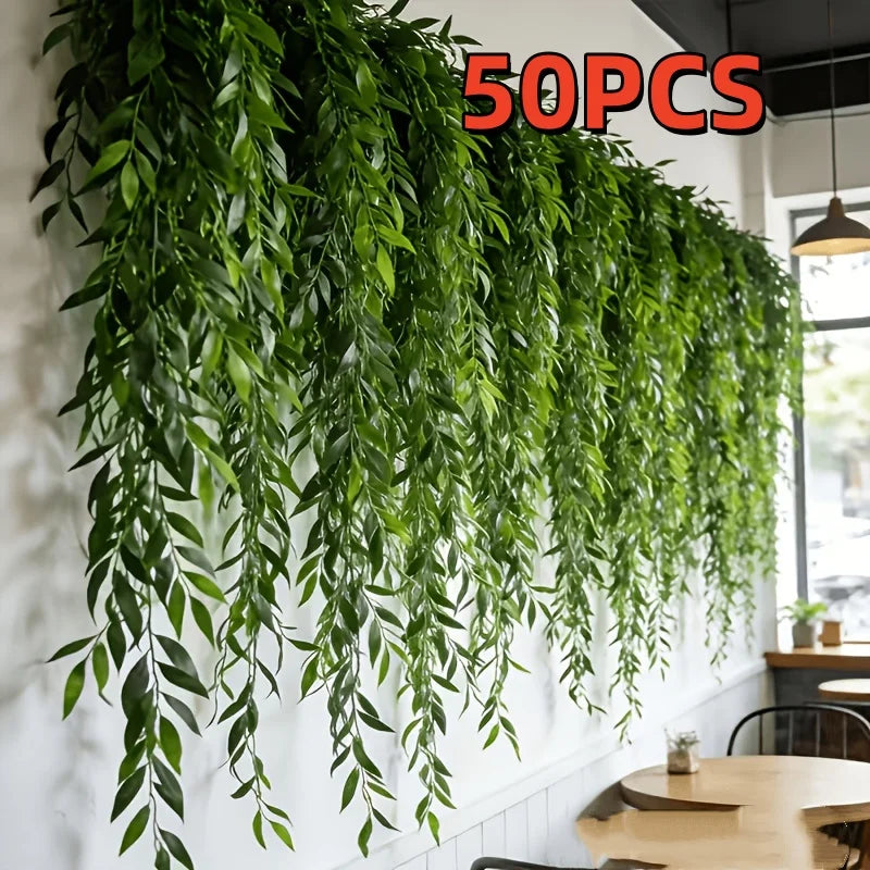50/100 Pieces of High-Quality Artificial Willow Greenery, Evergreen for All Seasons, Weather-Resistant Decorative Vines with Vibrant Colors and Texture, Suitable for Wedding Arches and Spring/Summer Decoration, Hotel and Cafe