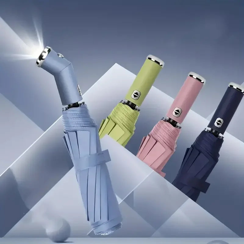 10-rib fully automatic three-fold umbrella, rotatable LED flashlight, wind-resistant business folding umbrella, sun umbrella