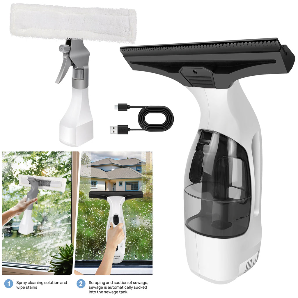 Cordless Window Vac Rechargeable Vacuum Cleaner Compact Electric Glass Window Cleaner 2IN1, with 300ml Spray Bottle