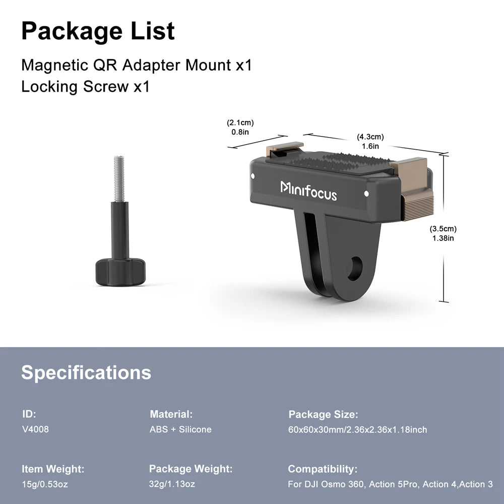 Magnetic Quick Release Adapter Mount for DJI Osmo 360 Action 5 Pro 4 3, with 1/4 Screw Hole Connection Aluminum Camera Bracket