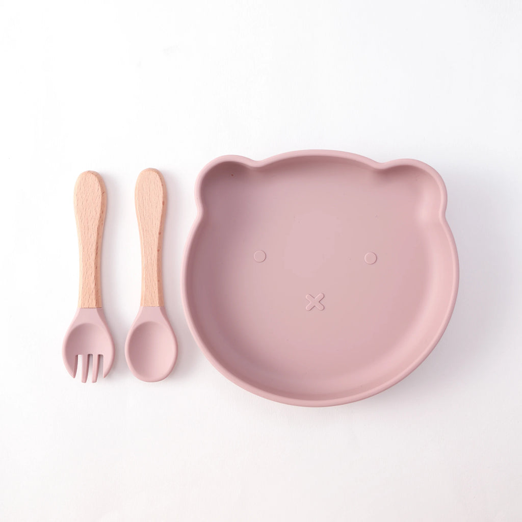 Color Kids 3PCS Cartoon Bear Silicone Feeding Set Sucker Bowl Wooden Handle Spoon Fork BPA Free Infant Self Feeding Gifts