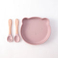 Color Kids 3PCS Cartoon Bear Silicone Feeding Set Sucker Bowl Wooden Handle Spoon Fork BPA Free Infant Self Feeding Gifts