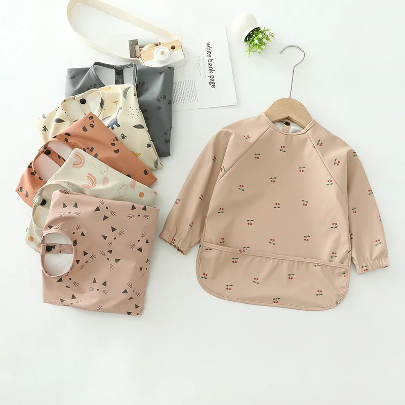 Erduo Newborn Baby Waterproof Feeding Bibs Soft Fabric Infant Apron Long Sleeve School Feeding Bib Eating Accessories