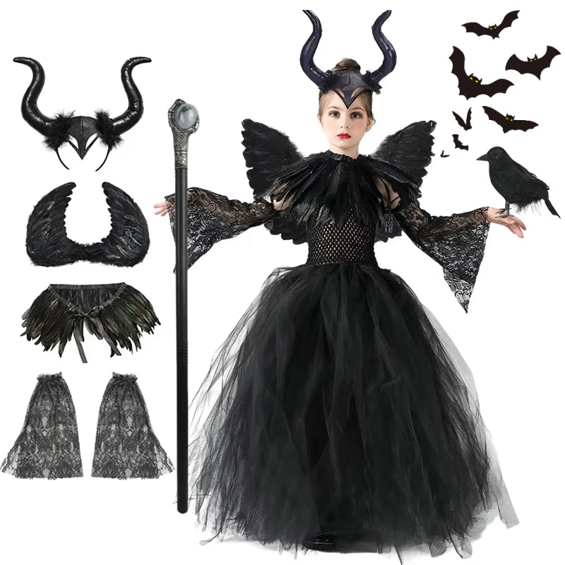 Halloween Costume Fashion Tutu Dress For Girls Cosplay Evil Queen Black Mesh Princess Dress Kids Crow Wand Demon Witch Gown