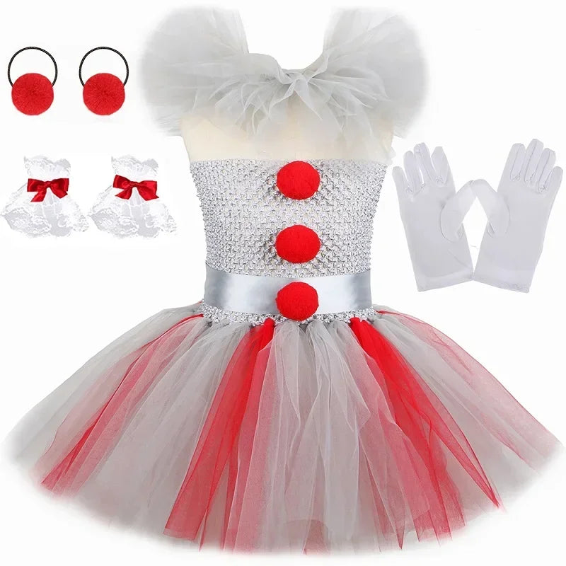Halloween Pennywise Costume for Kids Creepy Clown Gray Joker Tutu Dress Outfit Girls Fancy Carnival Party Tulle Dress Up Clothes